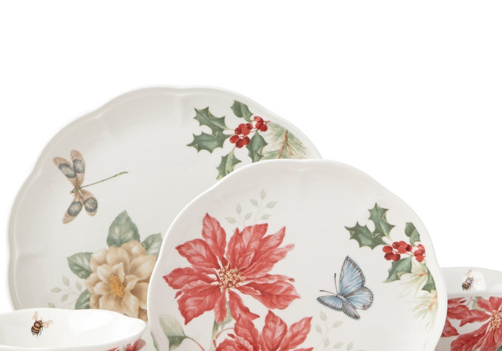 Lenox Butterfly Meadow Holiday 12 Piece Dinnerware Set Red/Green Brown