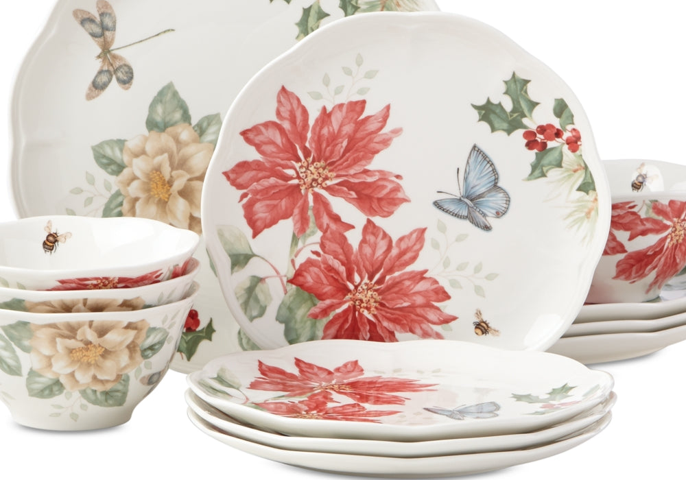 Lenox Butterfly Meadow Holiday 12 Piece Dinnerware Set Red/Green Brown