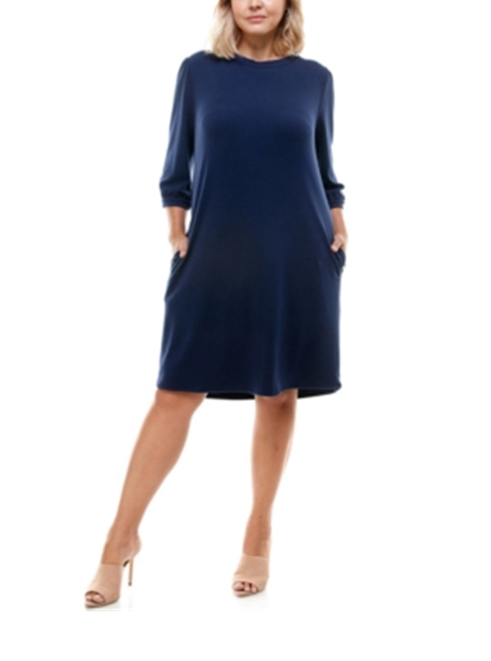 Monteau Women's Pocketed Jersey Knit 3/4 Sleeve Boat Neck Knee Length Shift Dress Blue Size 2X