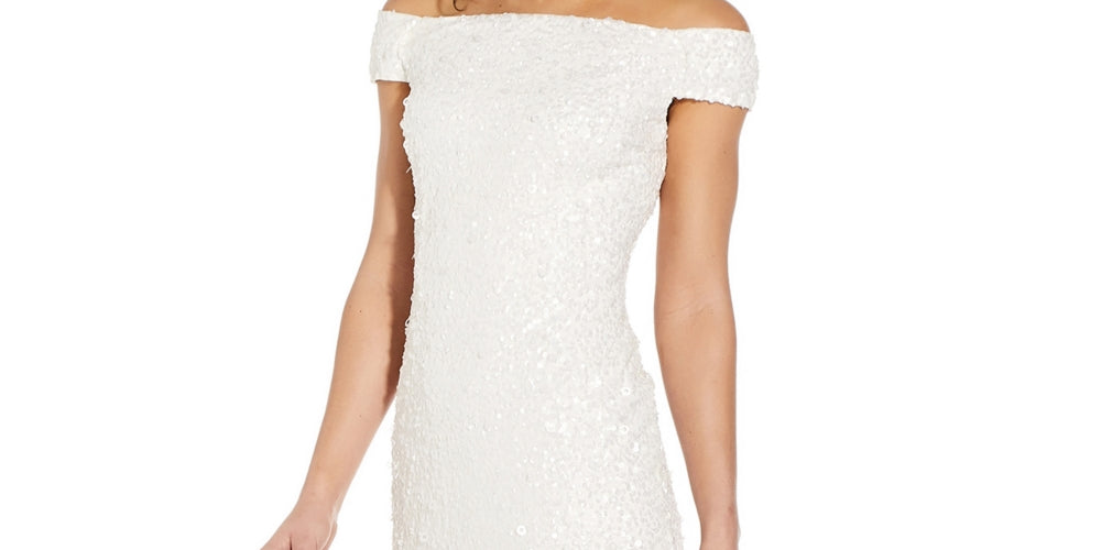 Adrianna Papell Women's Off The Shoulder Beaded Sheath Dress White Size 4