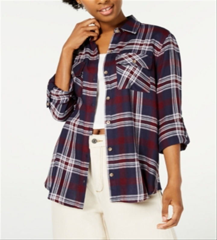 Polly & Esther Women's Plaid Utility Shirt Blue Size Small