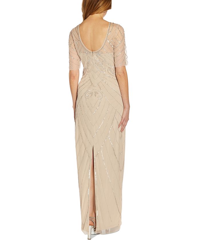 Papell Studio Women's Beaded Elbow-Sleeve Gown Beige Size 6