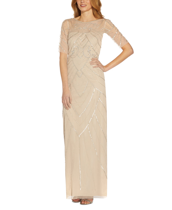 Papell Studio Women's Beaded Elbow-Sleeve Gown Beige Size 6