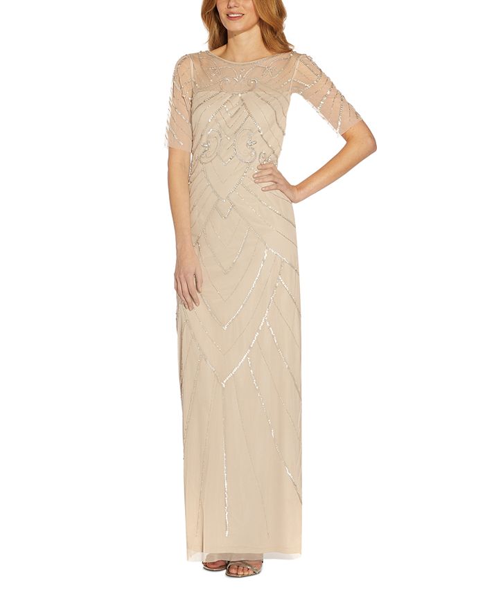 Papell Studio Women's Beaded Elbow-Sleeve Gown Beige Size 8