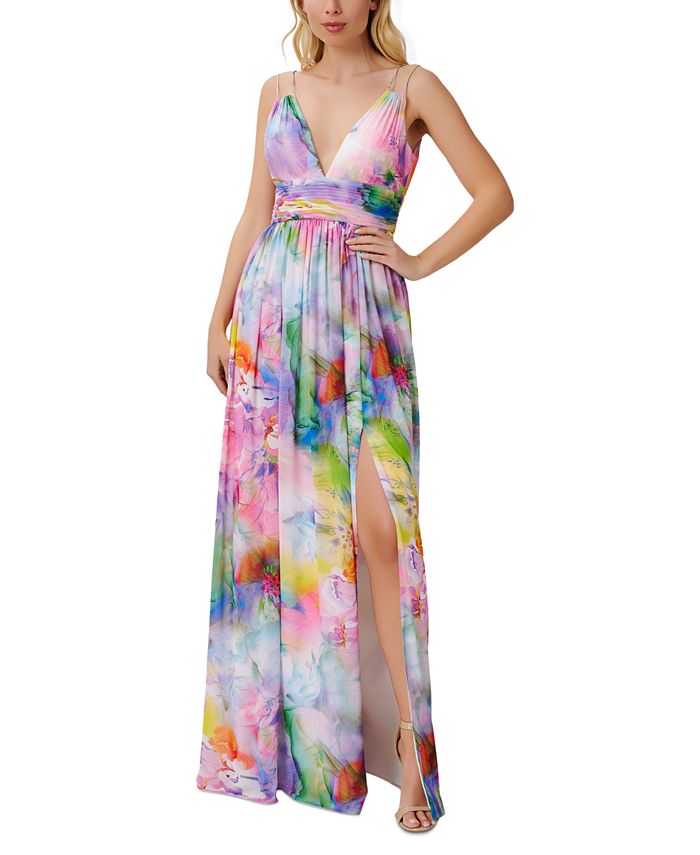 Aidan by Aidan Mattox Women's V Neck Printed Chiffon Gown Pink Size 2