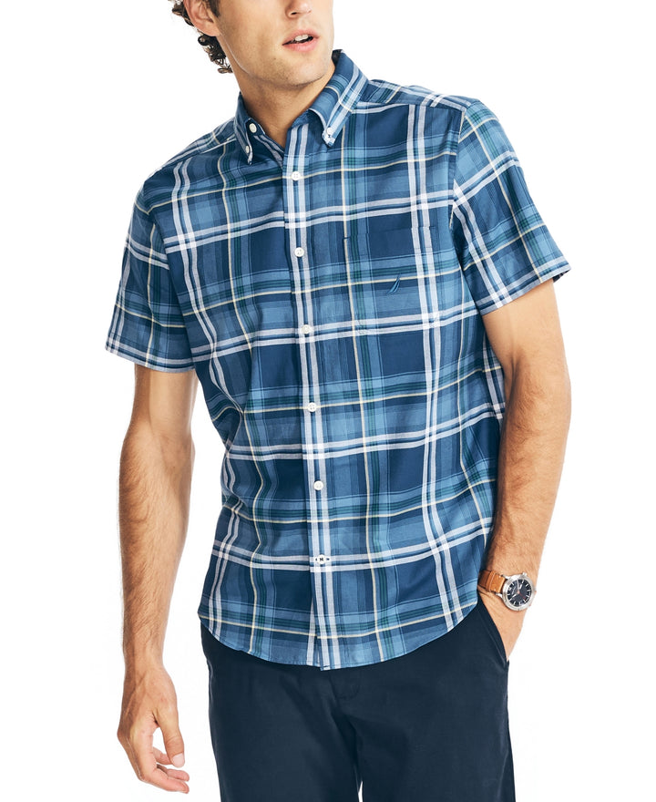 Nautica Men's Classic Fit Short Sleeve Stretch Plaid Oxford Shirts Blue Size Small