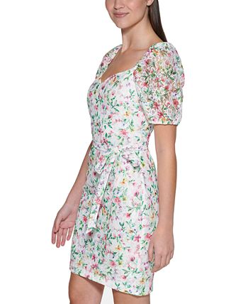 GUESS Women's Printed Lace Puff Sleeve Mini Dress White Size 10