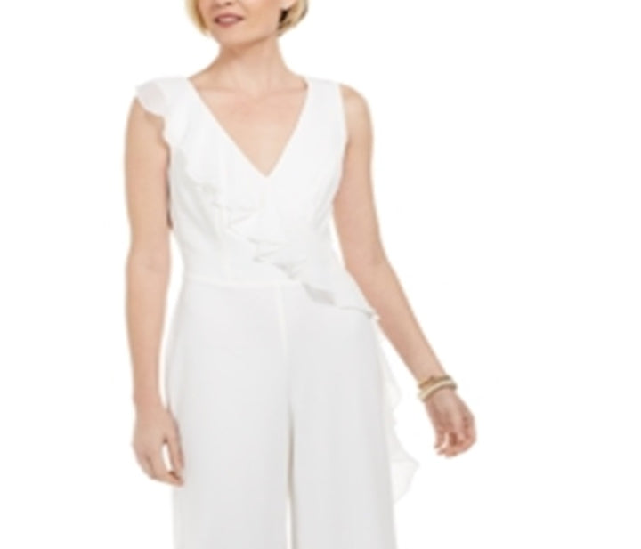 Connected Women's V Neck Sleeveless Ruffled Draped Zipper Back Jumpsuit White Size 8