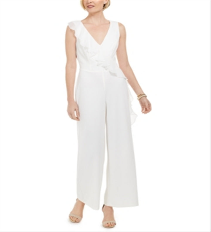 Connected Women's V Neck Sleeveless Ruffled Draped Zipper Back Jumpsuit White Size 8