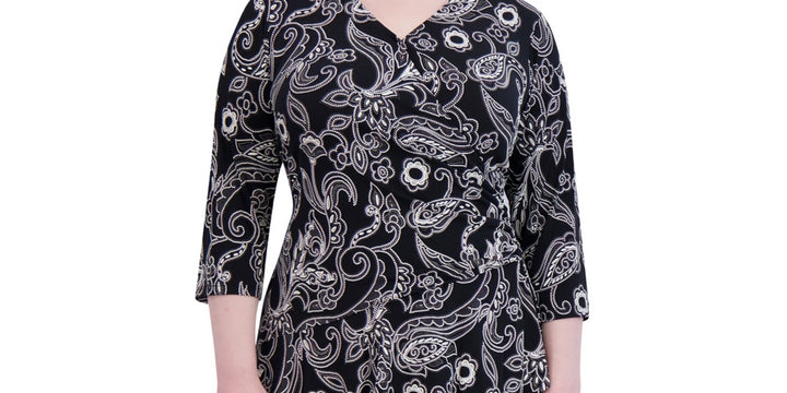 Robbie Bee Women's V Neck 3/4 Sleeve A Line Dress Black Size 2X