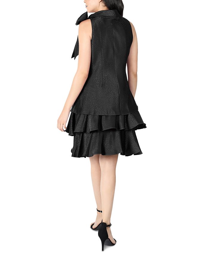 Robbie Bee Women's Bow Neck Tiered Hem Trapeze Dress Black Size 8 Petite