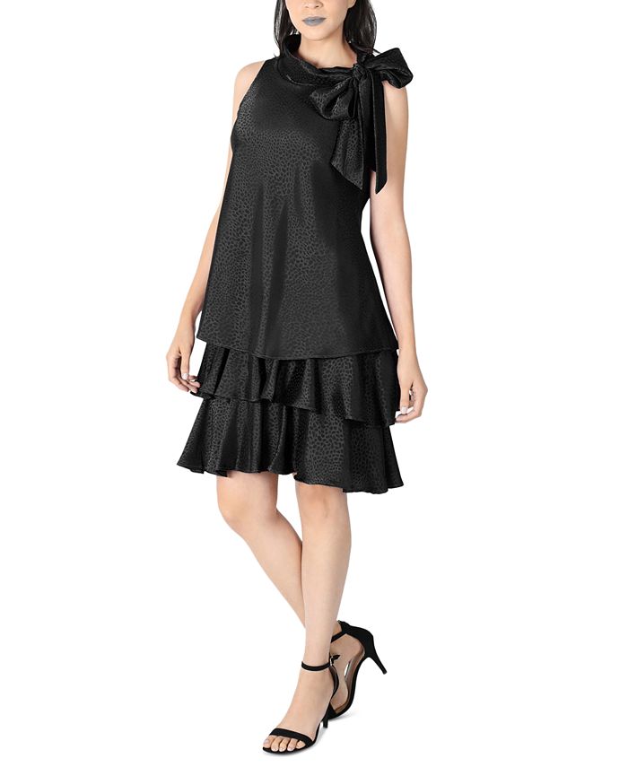 Robbie Bee Women's Bow Neck Tiered Hem Trapeze Dress Black Size 8 Petite