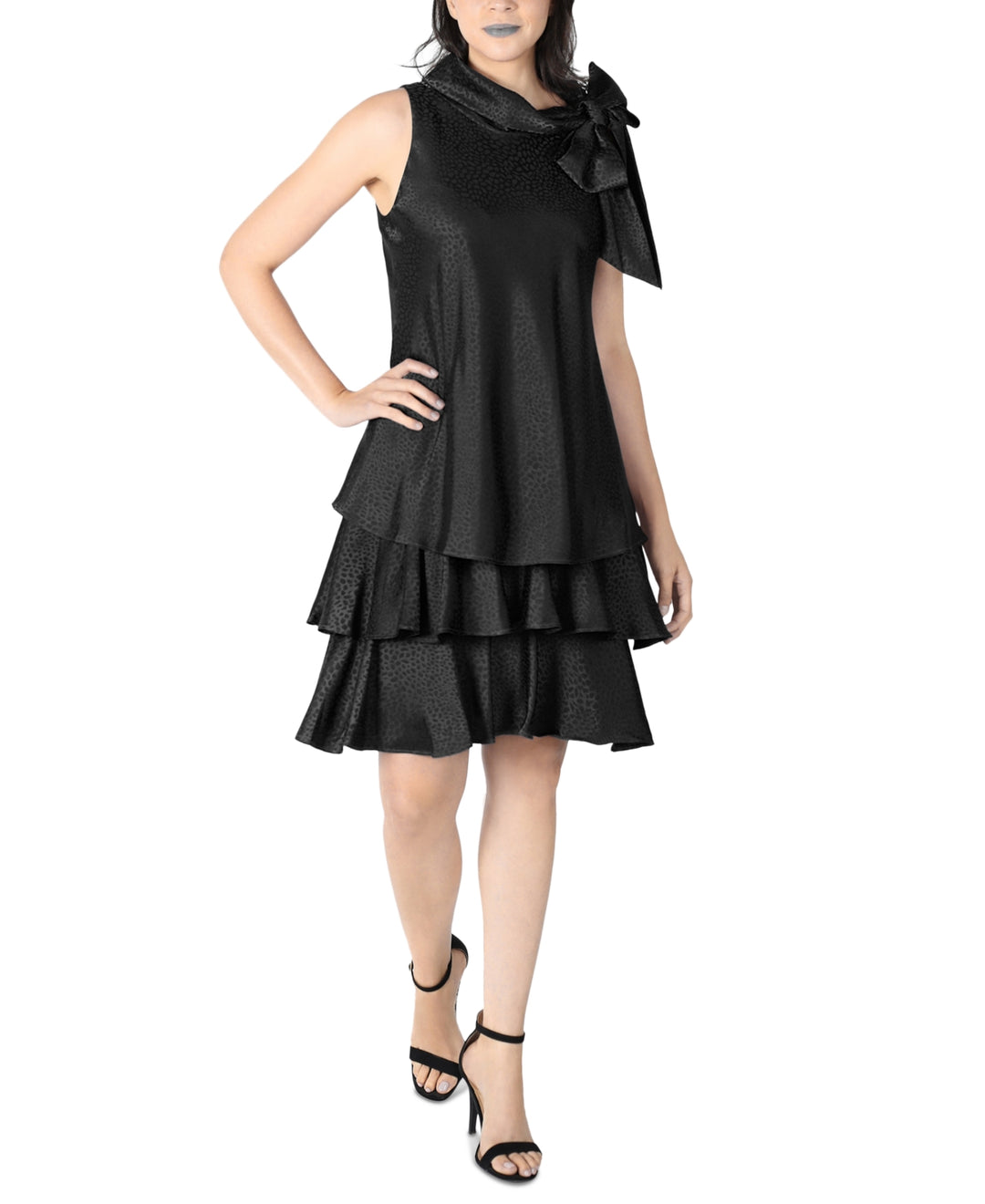 Robbie Bee Women's Bow Neck Tiered Hem Trapeze Dress Black Size 8 Petite