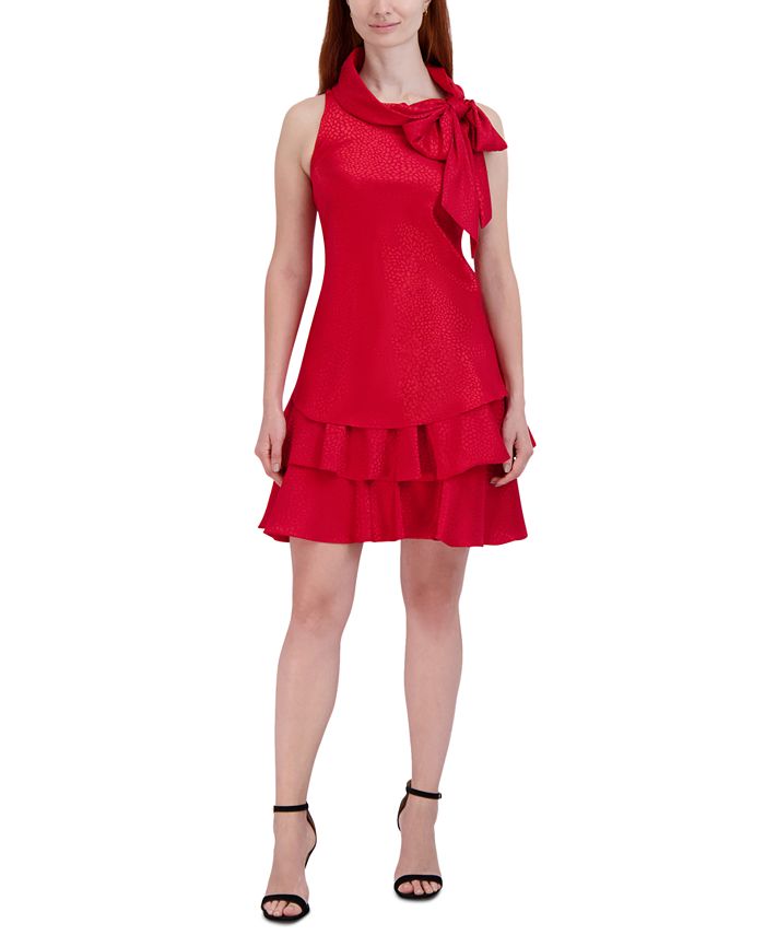 Robbie Bee Women's Bow Neck Tiered Hem Trapeze Dress Red Size 6 Petite