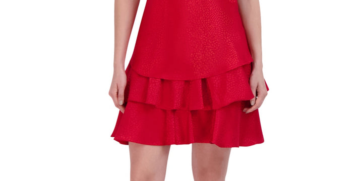 Robbie Bee Women's Bow Neck Tiered Hem Trapeze Dress Red Size 6 Petite