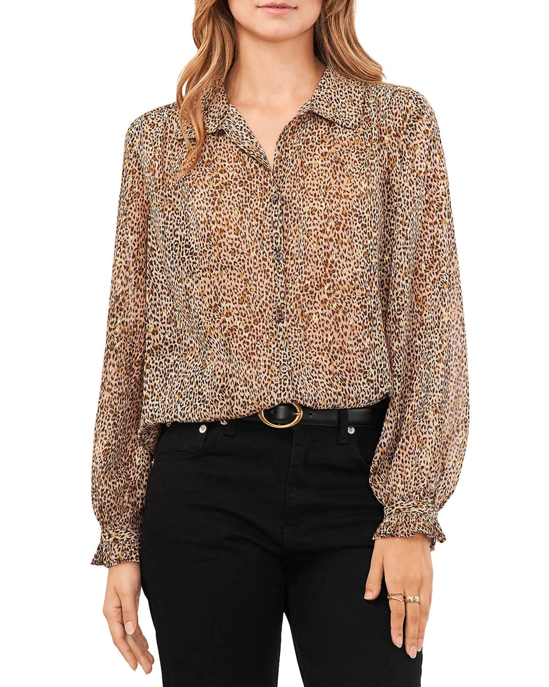 Vince Camuto Women's Printed Button-Front Long-Sleeve Blouse Brown Size XS