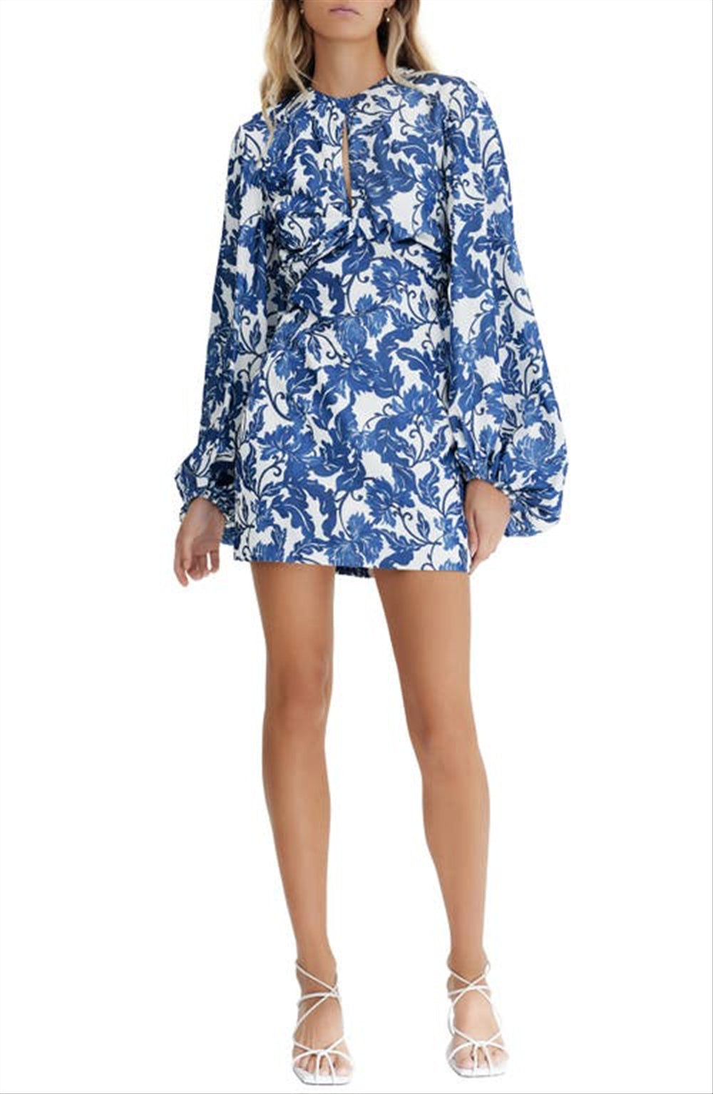 Significant Other Holly Floral Print Cutout Long Sleeve Minidress in Navy Stencil Print , Size 2 Us