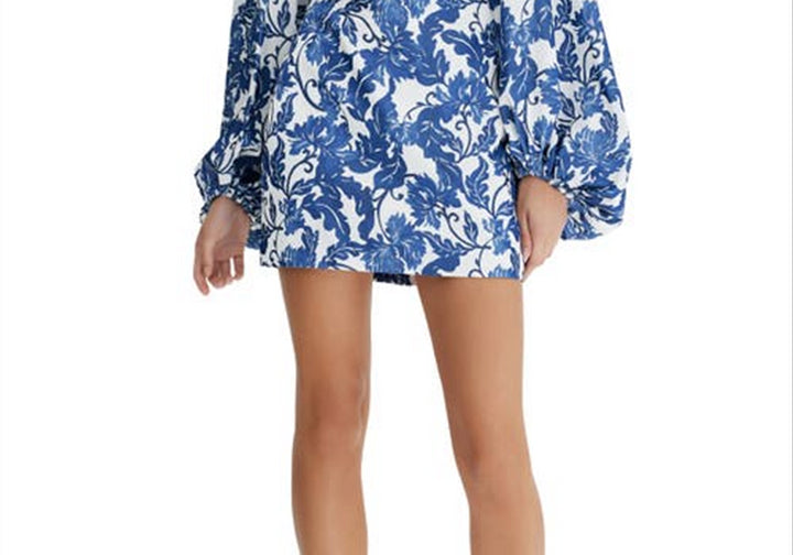 Significant Other Holly Floral Print Cutout Long Sleeve Minidress in Navy Stencil Print , Size 2 Us