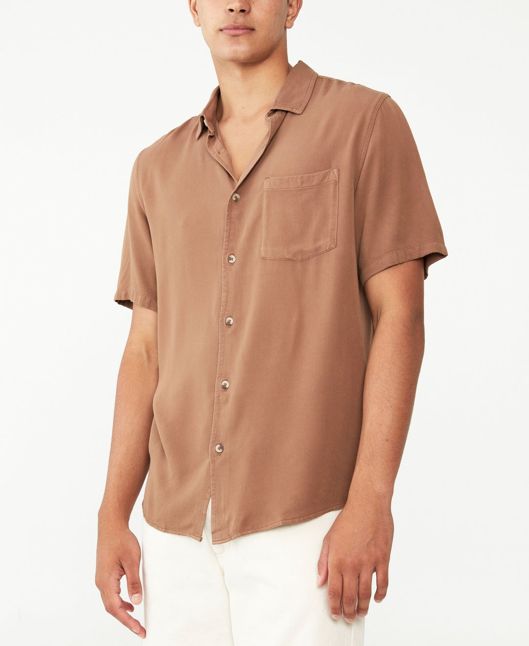 COTTON ON Men's Cuban Short Sleeves Shirt Brown Size Large