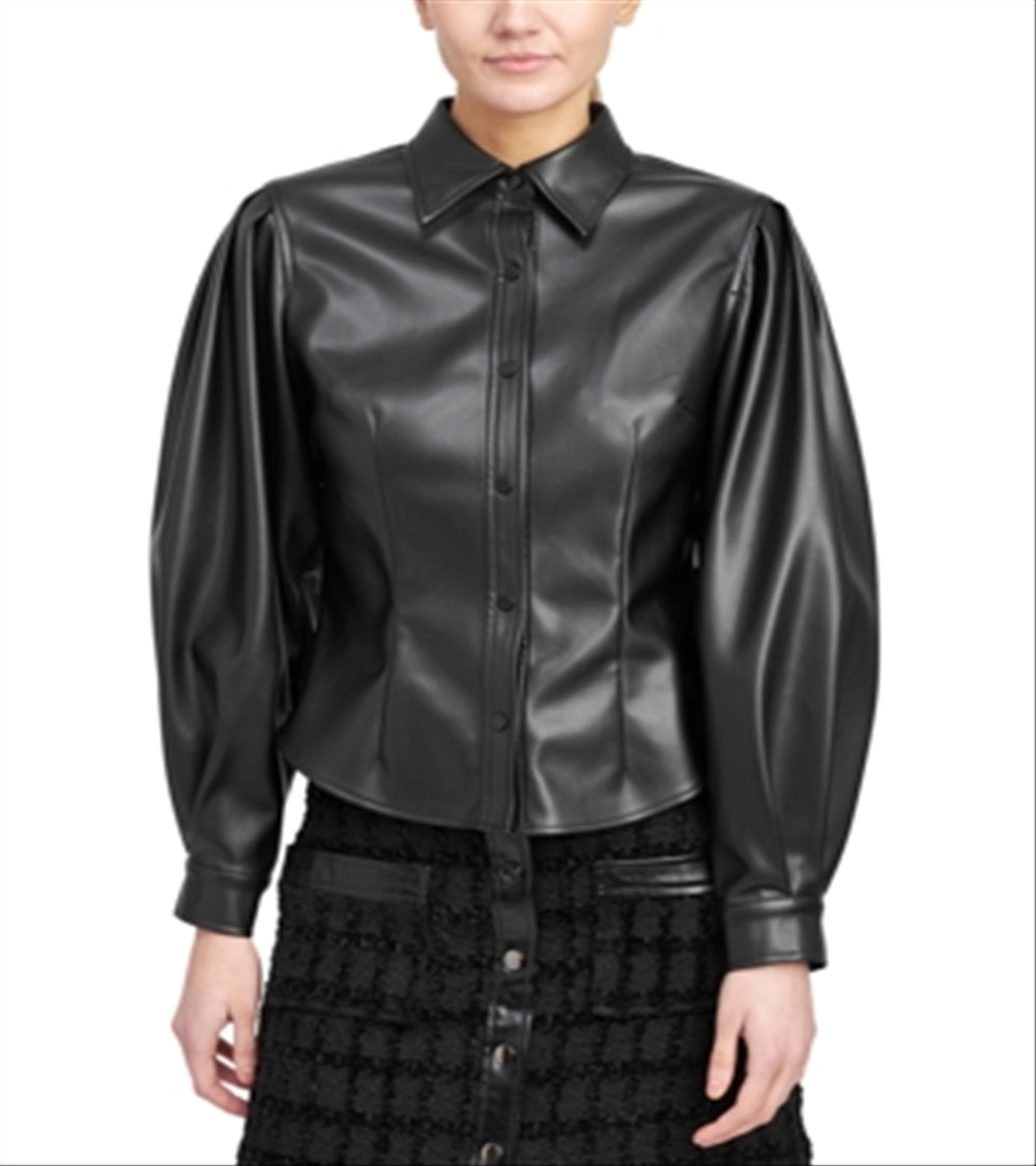 En Saison Faux Leather Button Front Shirt