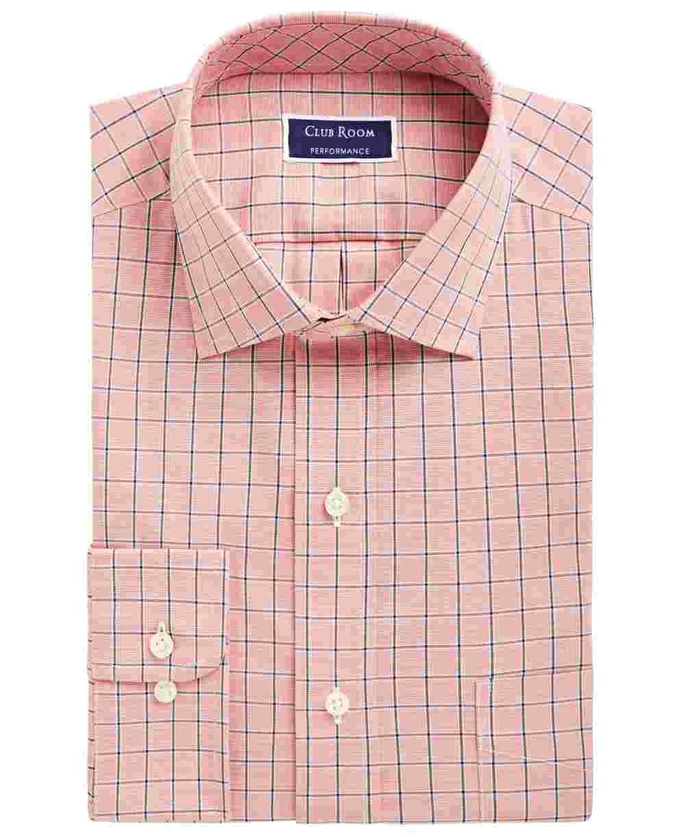 Club Room Men's Windowpane Plaid Point Collar Classic Fit Performance Stretch Dress Shirt Pink Size 18X34-35