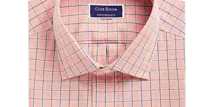 Club Room Men's Windowpane Plaid Point Collar Classic Fit Performance Stretch Dress Shirt Pink Size 18X34-35