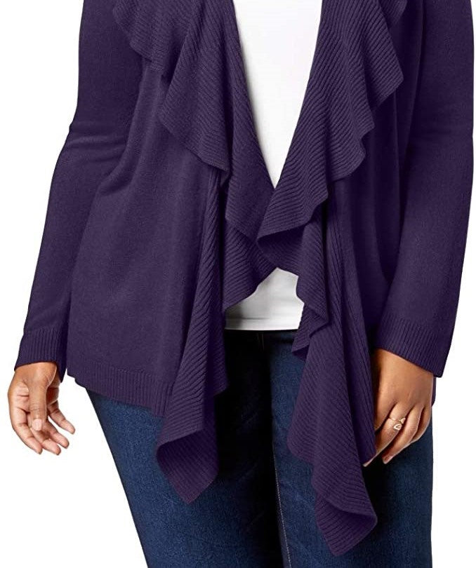 Karen Scott Women's Plus Size Ruffle Neckline Cardigan Sweater Purple Size 3X