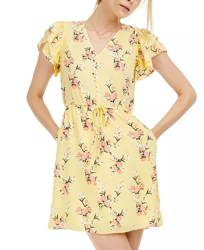 Maison Jules Women's Floral-Print Flutter-Sleeve Dress Yellow Size X-Small