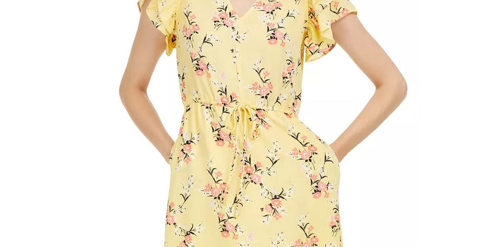 Maison Jules Women's Floral-Print Flutter-Sleeve Dress Yellow Size X-Small