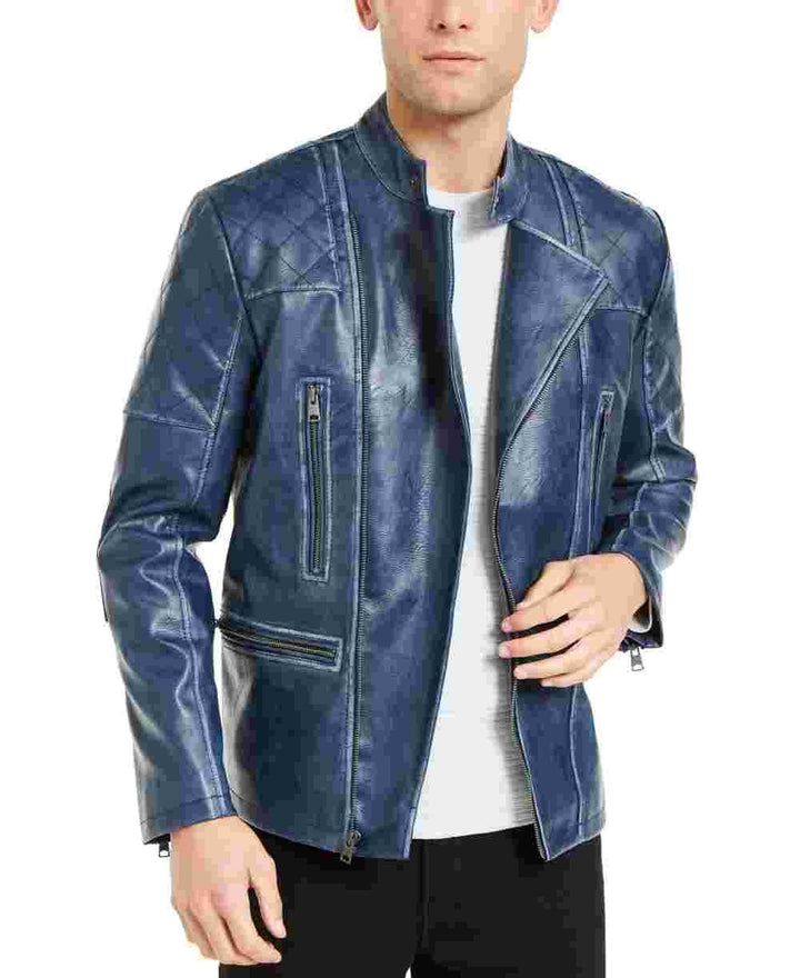 INC International Concepts Men's Braxton Faux Leather Moto Jacket Blue Size Small