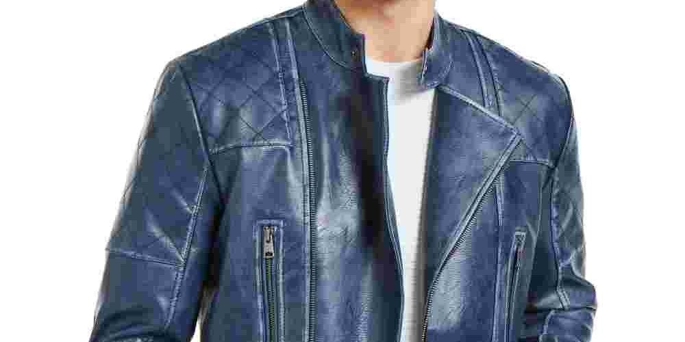 INC International Concepts Men's Braxton Faux Leather Moto Jacket Blue Size Small