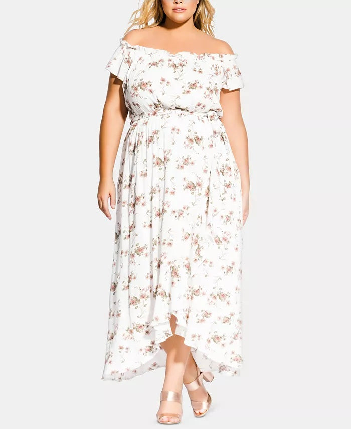 City Chic Women's Plus Size Floral-Print Off-The-Shoulder Dress White Size 16