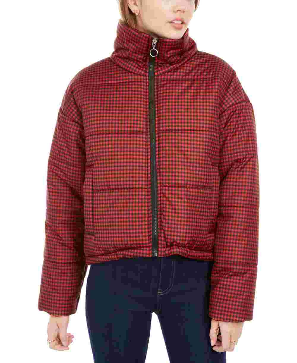 Celebrity Pink Junior's Plaid Puffer Coat Red Size Small