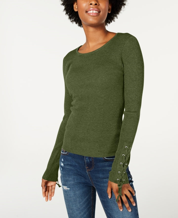 Hooked Up By Iot Juniors' Lace-Up Rib-Knit Sweater Dark Green Size X-Small