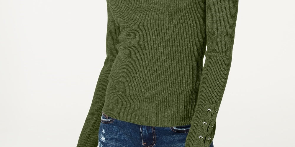 Hooked Up By Iot Juniors' Lace-Up Rib-Knit Sweater Dark Green Size X-Small