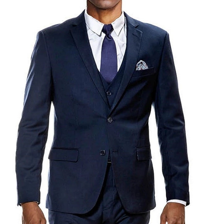 Sean Alexander Men's Stretch Ultra Slim Fit 3-Piece Solid Suit Navy Size 38