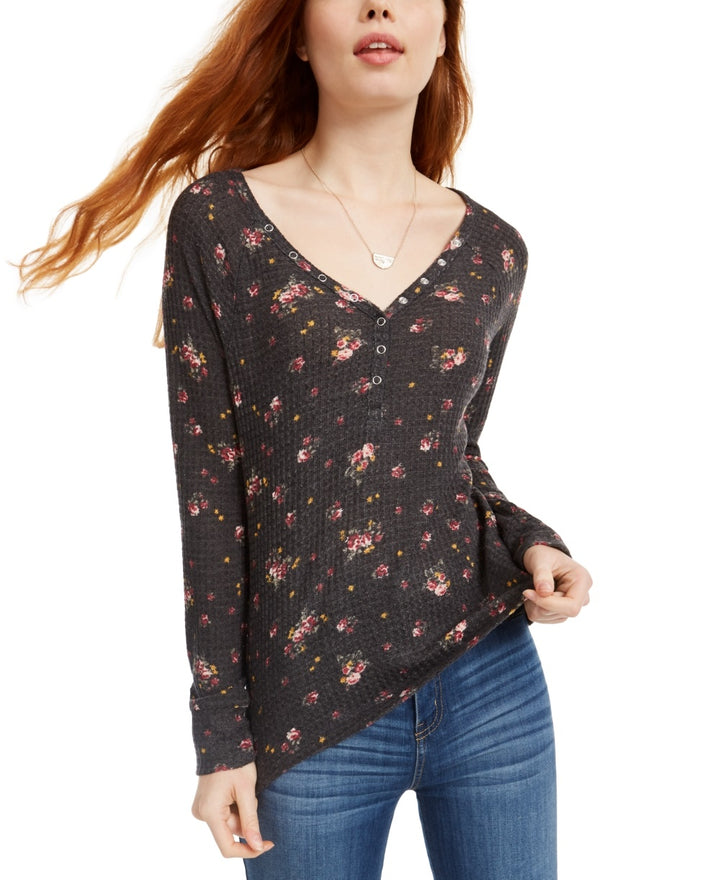 Ultra Flirt Junior's Floral Print Waffle Texture Henley Top Black- Size X-Small