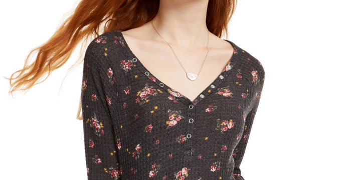 Ultra Flirt Junior's Floral Print Waffle Texture Henley Top Black- Size X-Small