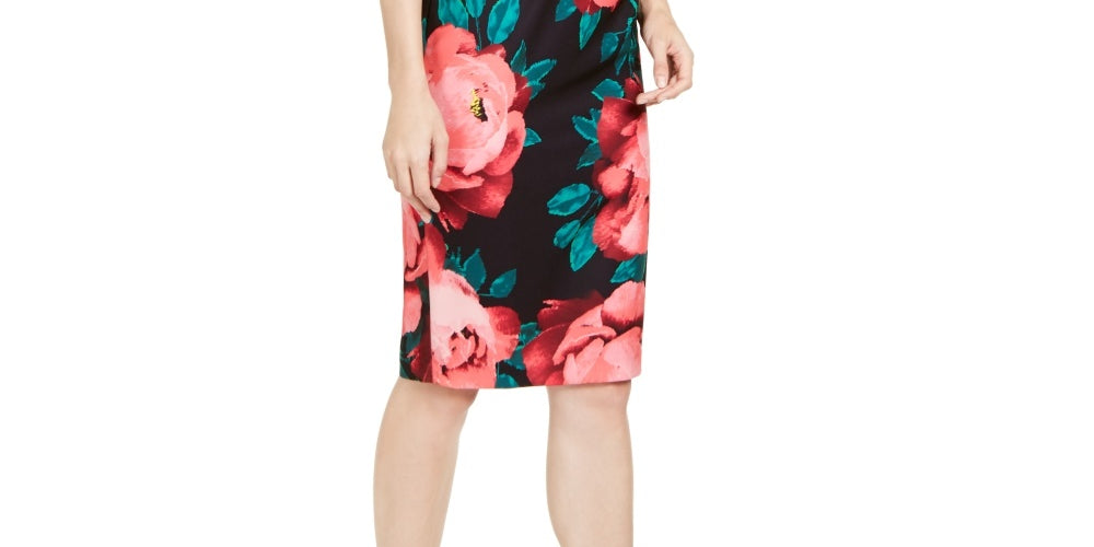 Trina Turk Women's Floral Sleeveless V Neck Midi Sheath Dress Black/ Pink Size 16