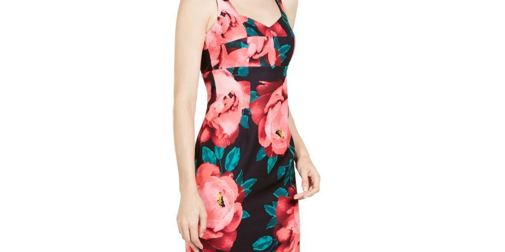 Trina Turk Women's Floral Sleeveless V Neck Midi Sheath Dress Black/ Pink Size 16