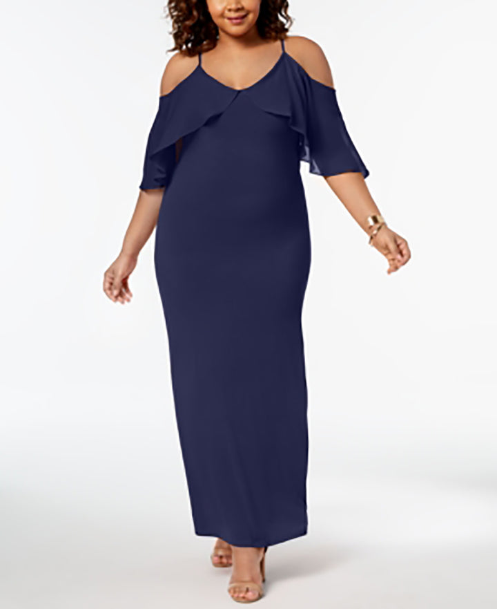 NY Collection Women's Plus Size Chiffon Cold-Shoulder Maxi Dress Navy Size 2X