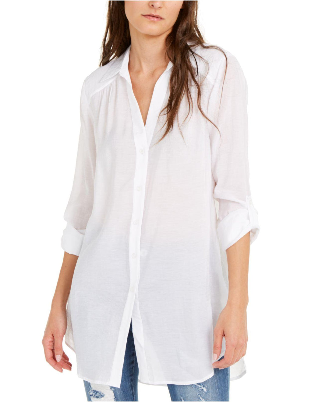 INC International Concepts Women's Solid Button-Up Tunic White Size Large