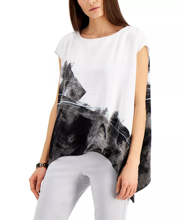 Alfani Women's Abstract-Print Asymmetrical-Hem Top Gray Size Large