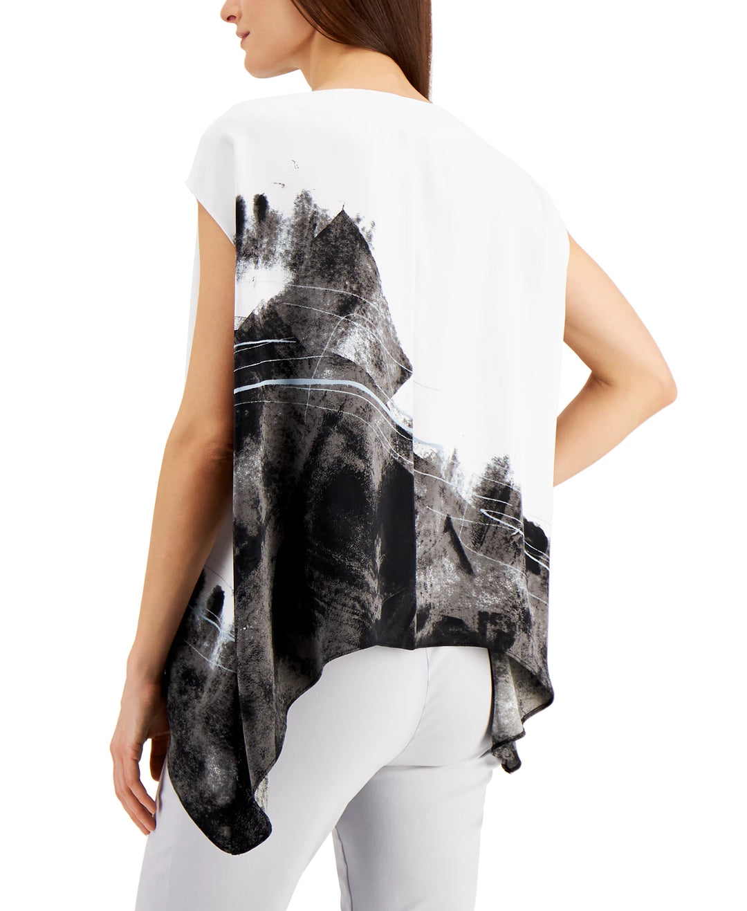 Alfani Women's Abstract-Print Asymmetrical-Hem Top Gray Size Large