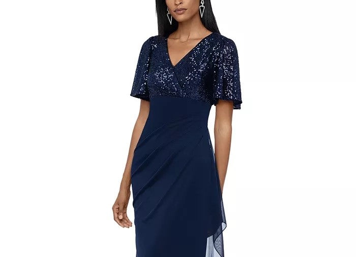 XSCAPE Women's Petite Sequined A-Line Gown Navy Size 4 P