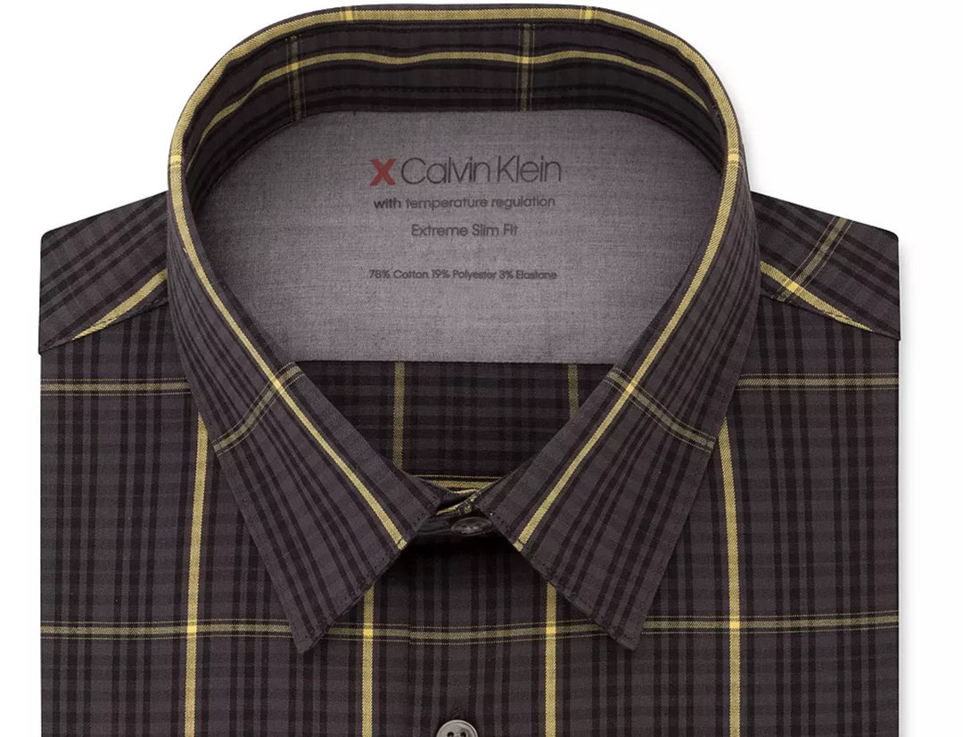 Calvin Klein Men's Extreme Slim-Fit Temperature Regulation Check Dress Shirt Black