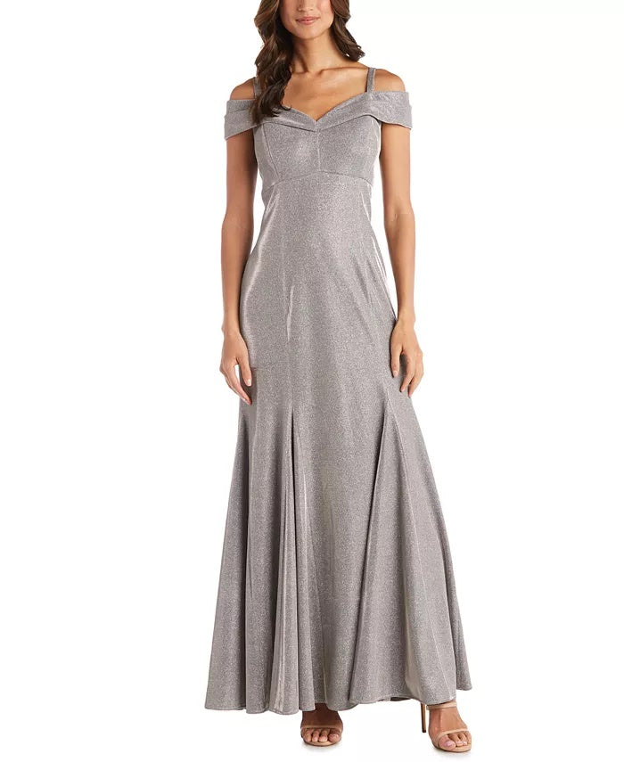 R & M Richards Women's Gray Sequined Zippered Spaghetti Strap Off Shoulder Full-Length Fit + Flare Formal Dress Charcoal Size 10