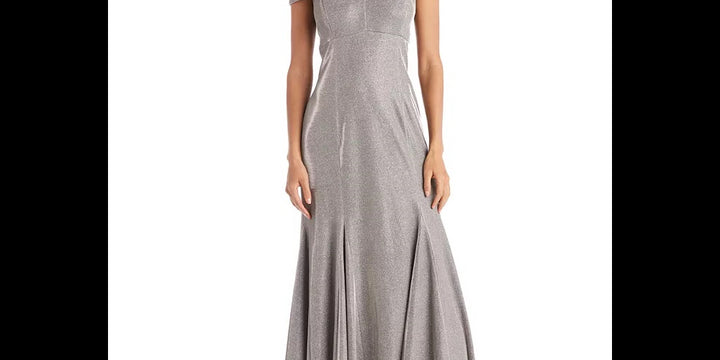 R & M Richards Women's Gray Sequined Zippered Spaghetti Strap Off Shoulder Full-Length Fit + Flare Formal Dress Charcoal Size 10