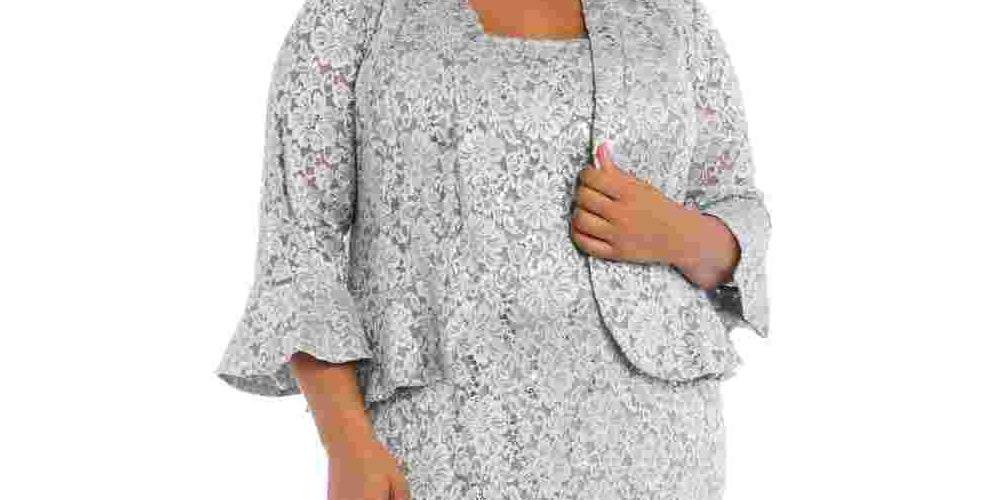 R & M Richards Women's Plus Size Lace Dress & Ruffled Jacket Silver Size 18W