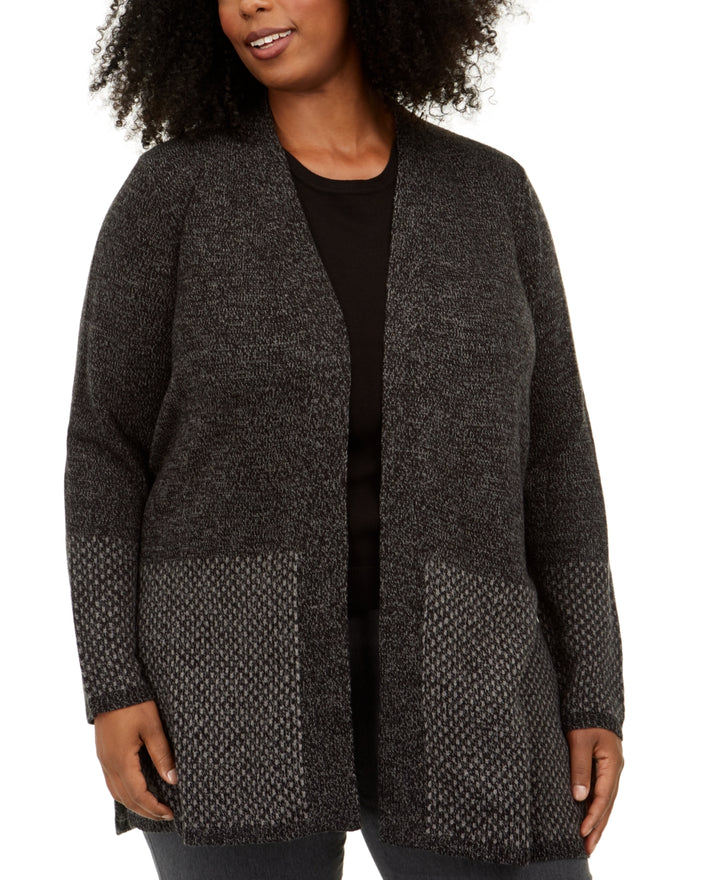 Karen Scott Women's Plus Patterned-Border Cardigan Sweater Black Size 0X-Large